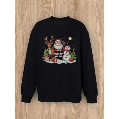 Women's Basic Casual Pullover – Long Sleeve with Elk and Santa Claus Print, Round Neck