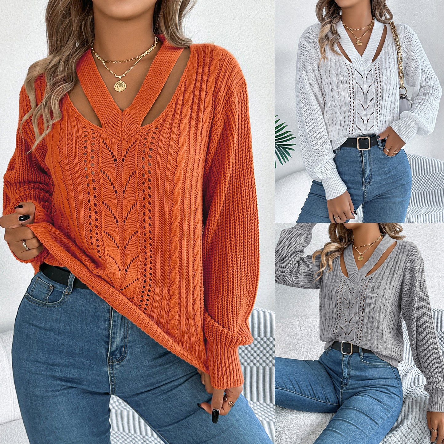 Hollow Out V-Neck Pullover Sweater with Twist Lantern Sleeves