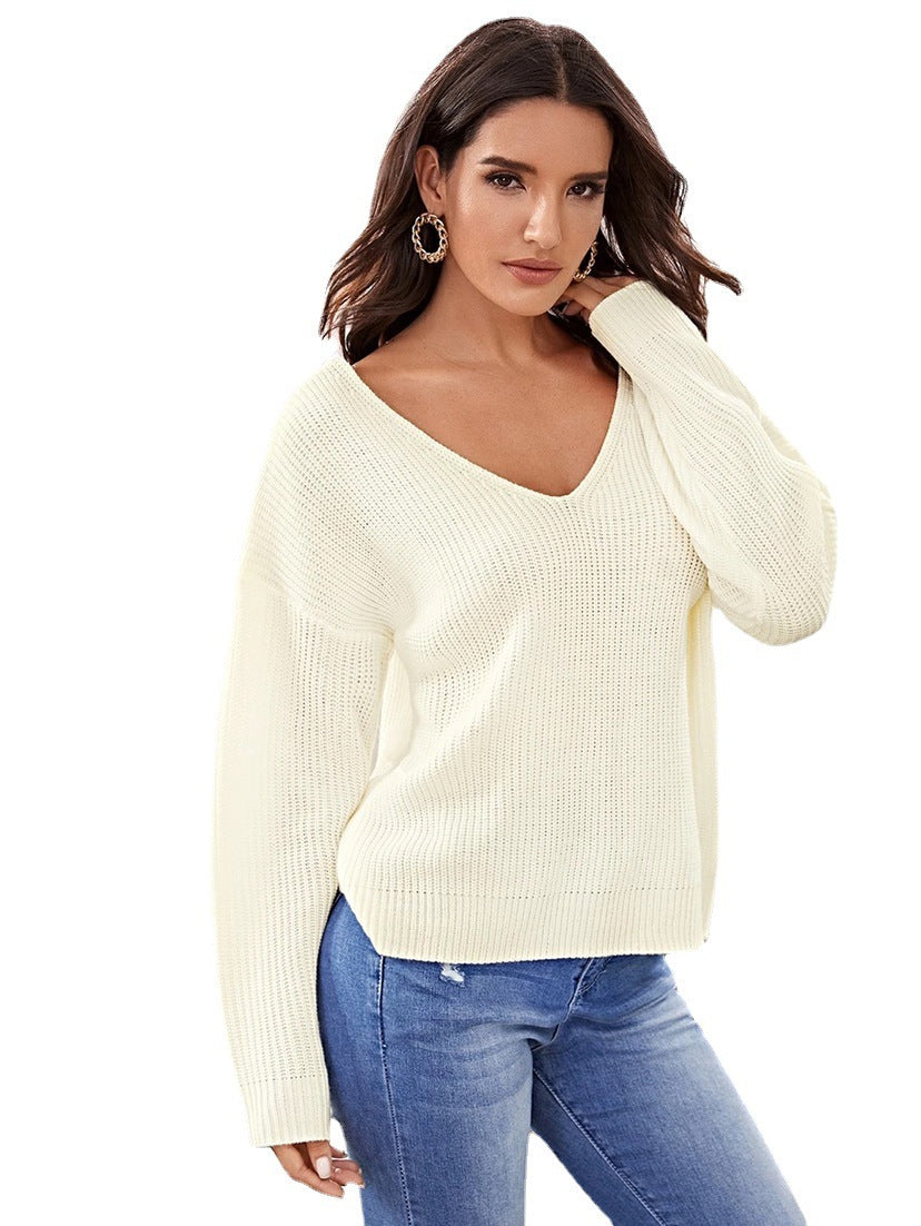 Solid Color Knit V-Neck Long Sleeve Pullover Sweater