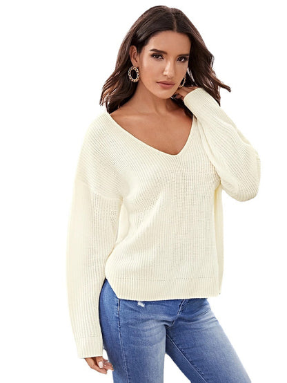 Solid Color Knit V-Neck Long Sleeve Pullover Sweater