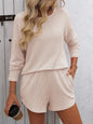 Double Take Round Neck Long Sleeve Top and Shorts Set - PureSelect