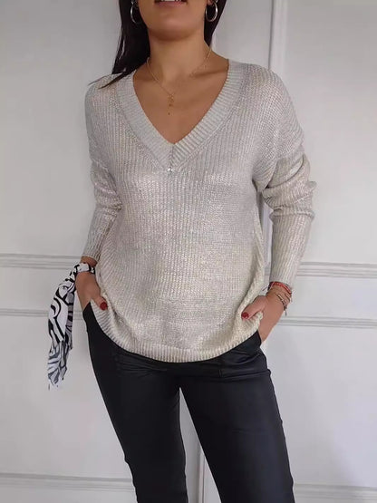 Fashionable V-Neck Knitted Pullover in Bright Silk for Women