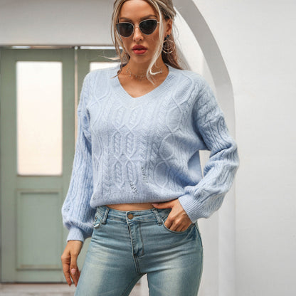 V-Neck Long Sleeve Twist Knit Pullover Sweater