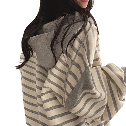 Casual Striped V-Neck Cotton Pullover Sweater with Hood for Women