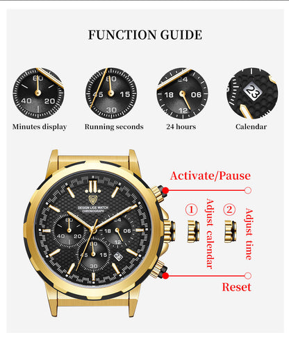 Classic Steel Strap Business Multifunction Luminous Calendar Waterproof Watch