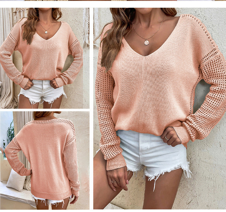 New Solid Color V-Neck Pullover Knitted Top for Women