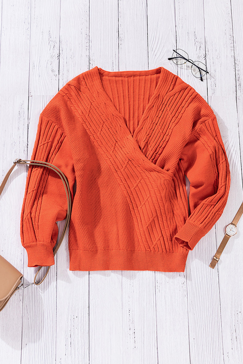 Solid Color V-Neck Long Sleeve Pullover Sweater for Women