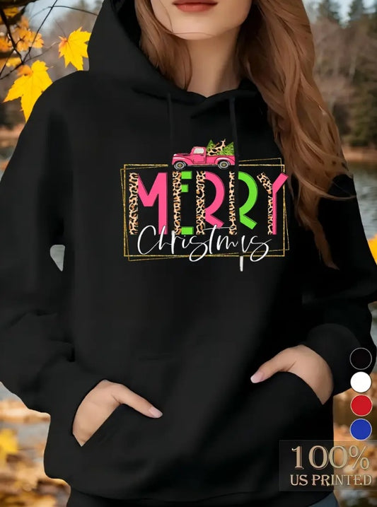 Women's Merry Christmas Hoodie, Casual Long Sleeve Pullover with Pockets, Slight Stretch for Fall and Winter