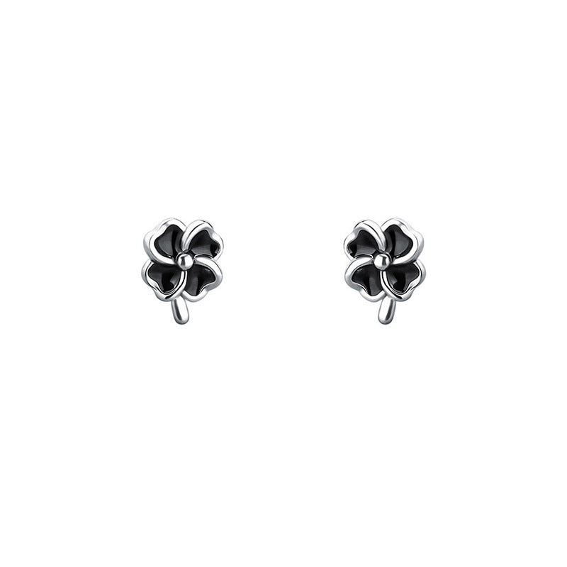 Simple And Compact Black Four Leaf Clover Ear Stud Women's