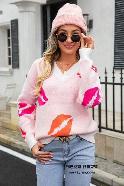 Valentine's Day Lip Print V-Neck Knitted Pullover Sweater