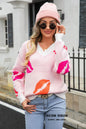 Valentine's Day Lip Print V-Neck Knitted Pullover Sweater