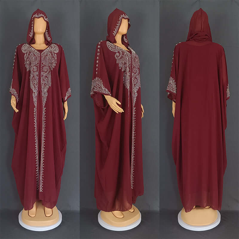 Beaded African Hooded Long Gown with Rhinestones