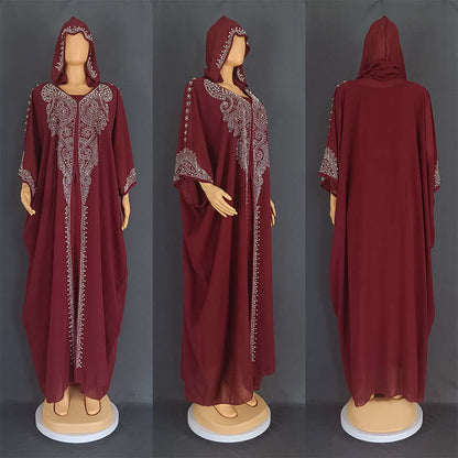 Beaded African Hooded Long Gown with Rhinestones