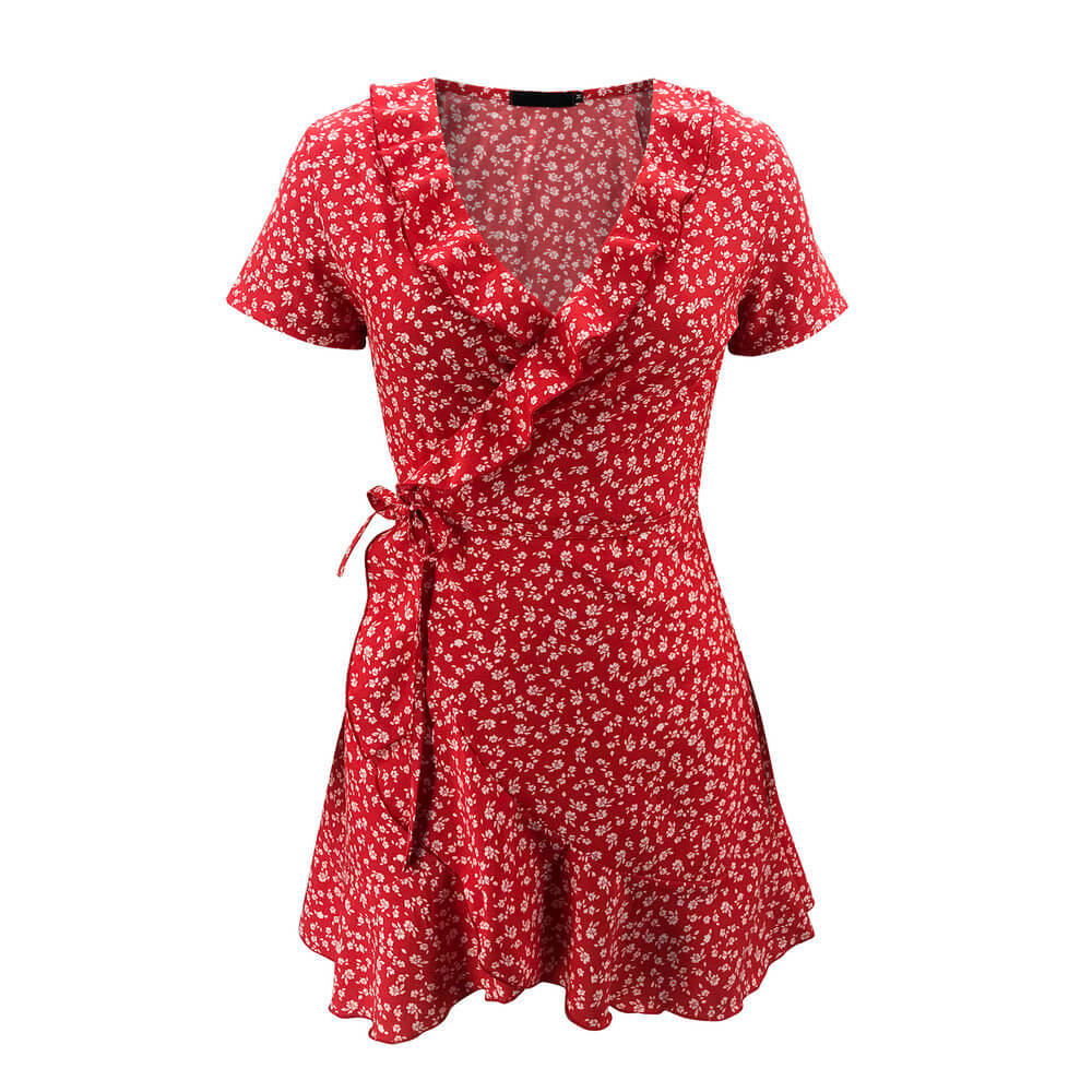 European Summer V-neck Ruffled Lace Slim Dress