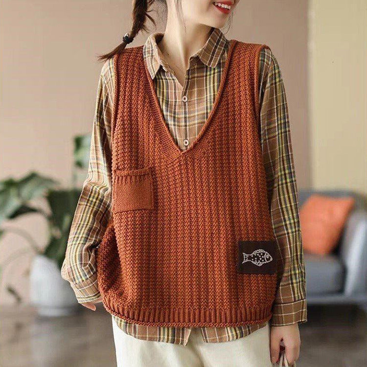 Loose-Fit V-Neck Knitted Vest for Women