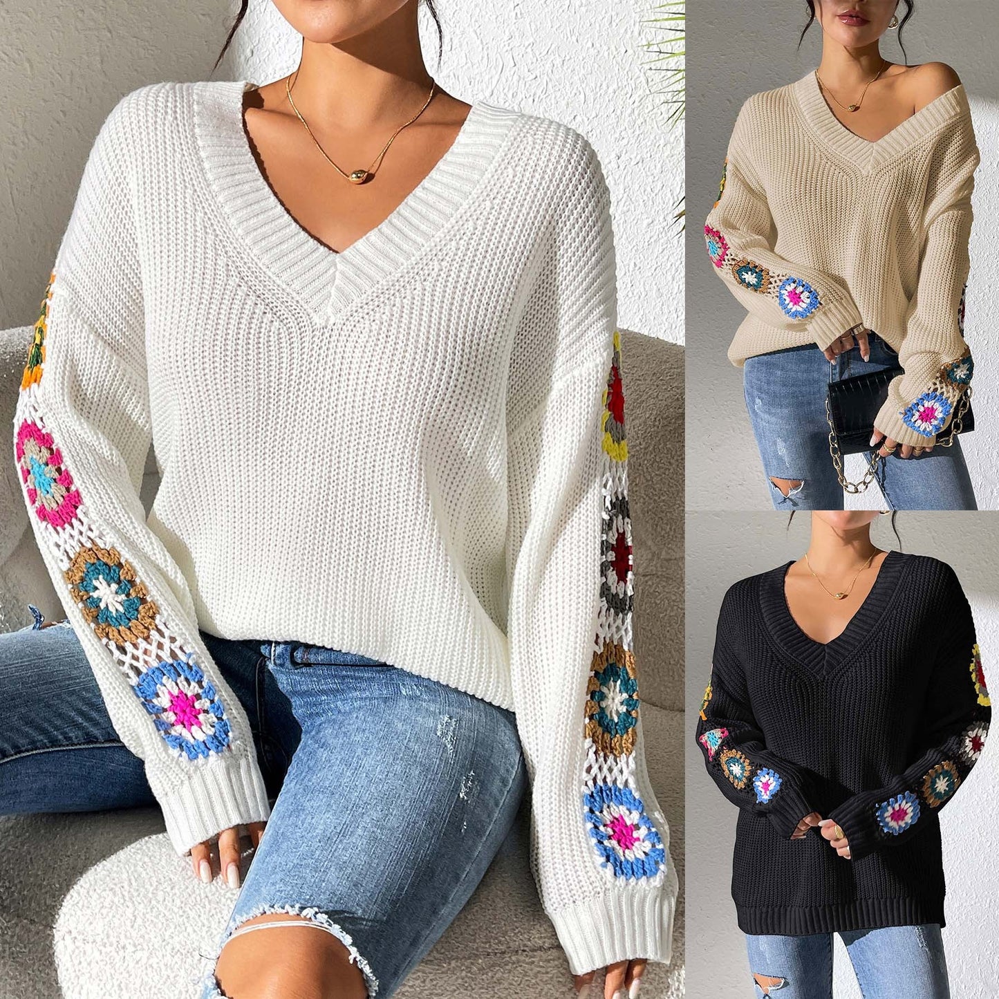 V-Neck Pullover Sweater with Crochet Stitching for Autumn and Winter