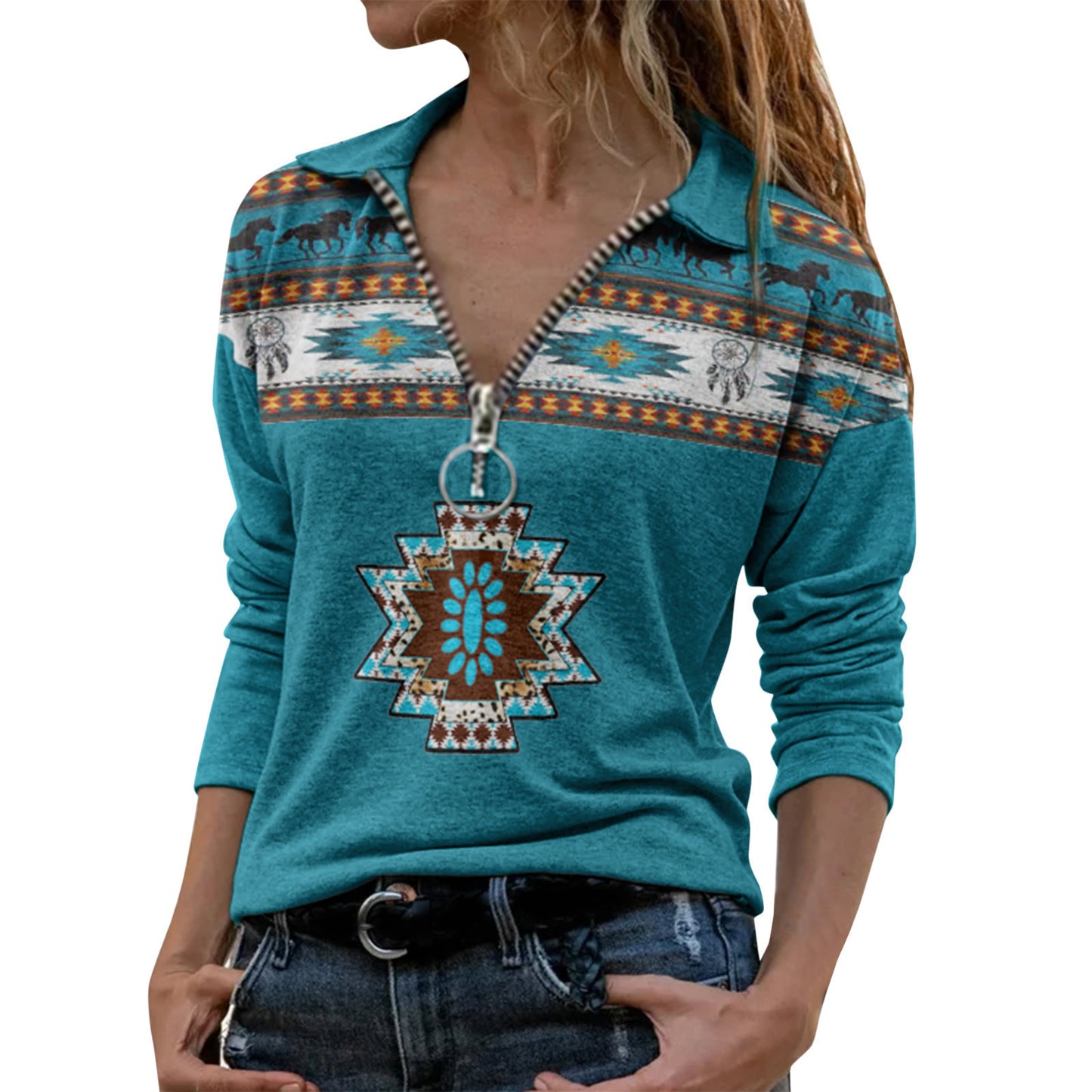 Printed V-Neck Long Sleeve Pullover with Zipper for Women