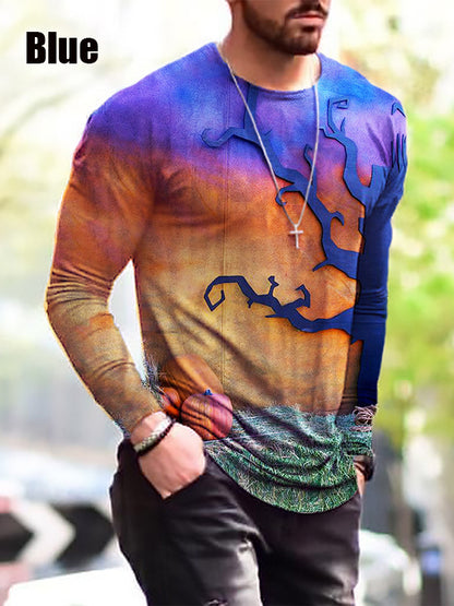 Halloween-Themed Autumn and Winter Print Long Sleeve T-Shirt for Men