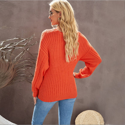 Solid Color V-Neck Long Sleeve Pullover Sweater for Women