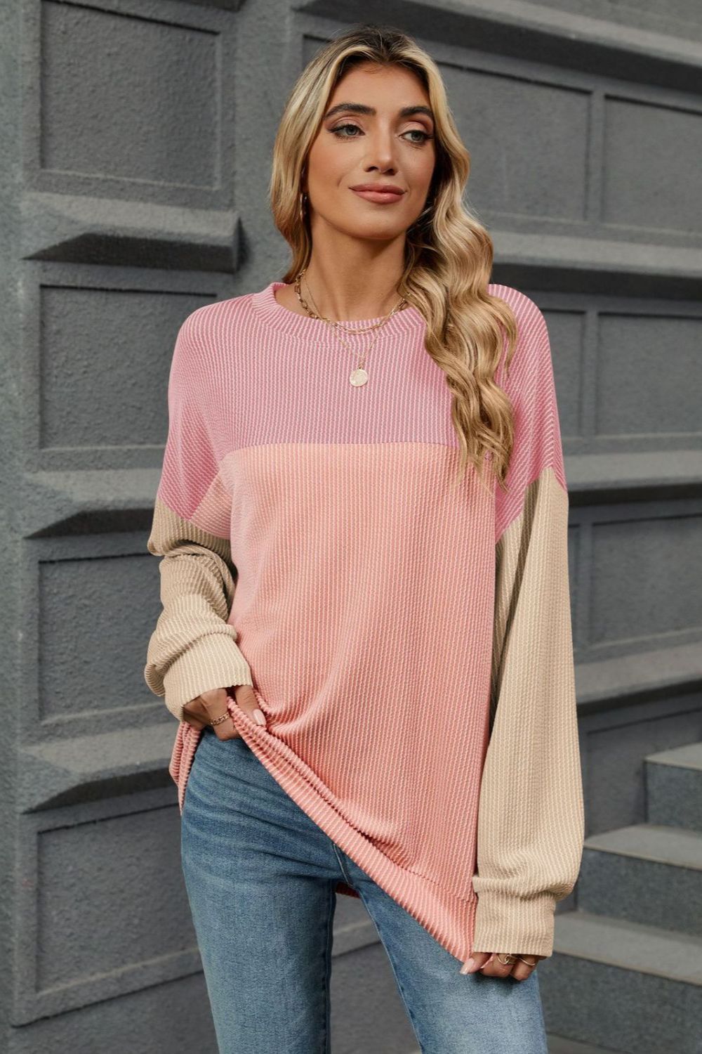 Double Take Contrast Round Neck Long Sleeve T-Shirt