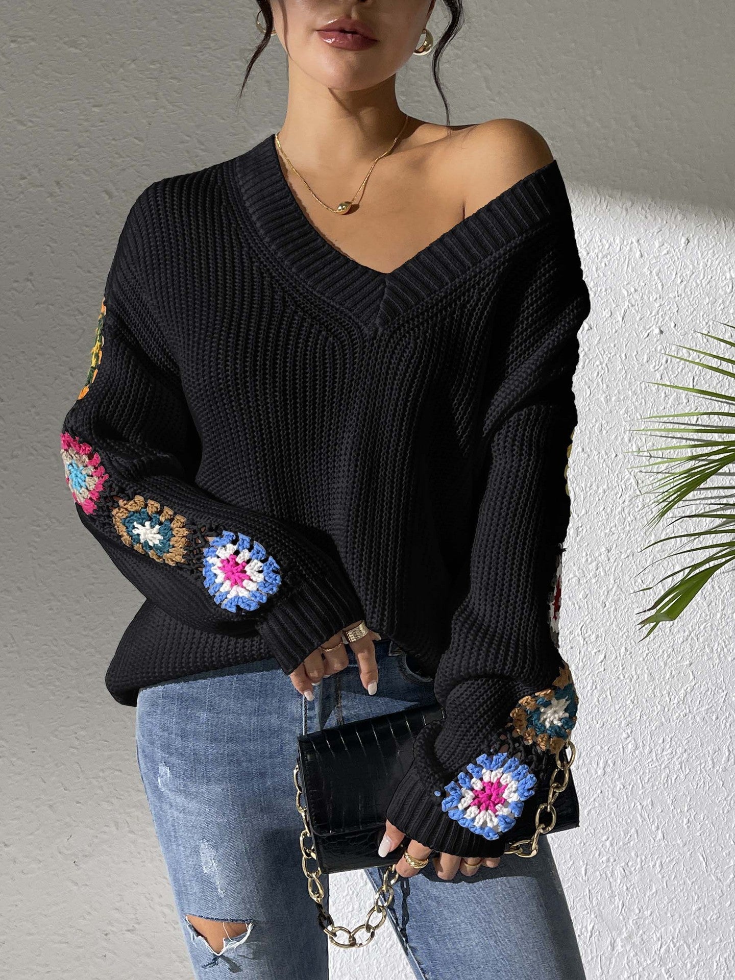 V-Neck Pullover Sweater with Crochet Stitching for Autumn and Winter