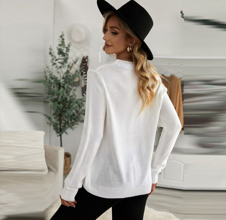 Casual Pure Color V-Neck Single-Breasted Pullover Sweater