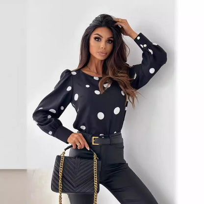 Autumn Top Round Neck Polka Dot Long Sleeve Shirt Printed - PureSelect