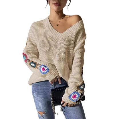 V-Neck Pullover Sweater with Crochet Stitching for Autumn and Winter