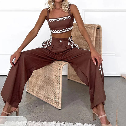 Women's Crop-top Spaghetti-strap Trousers Two-piece Suit - PureSelect