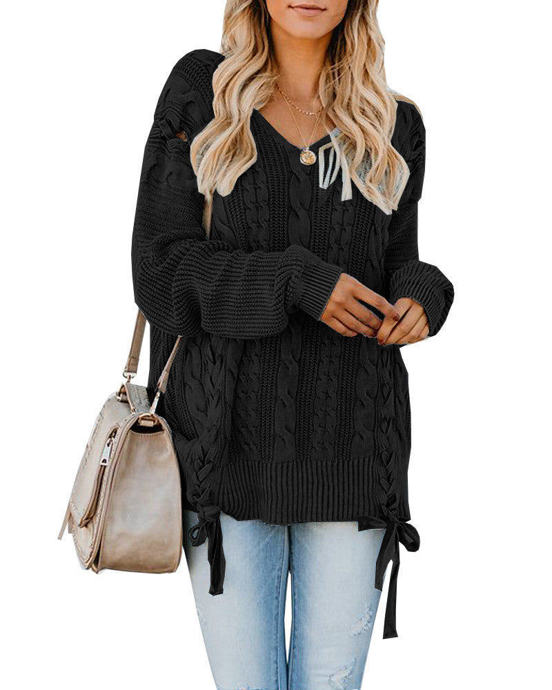 New V-Neck Long Sleeve Loose Pullover with Knitted Lace and Twisted Rope Tie for Women