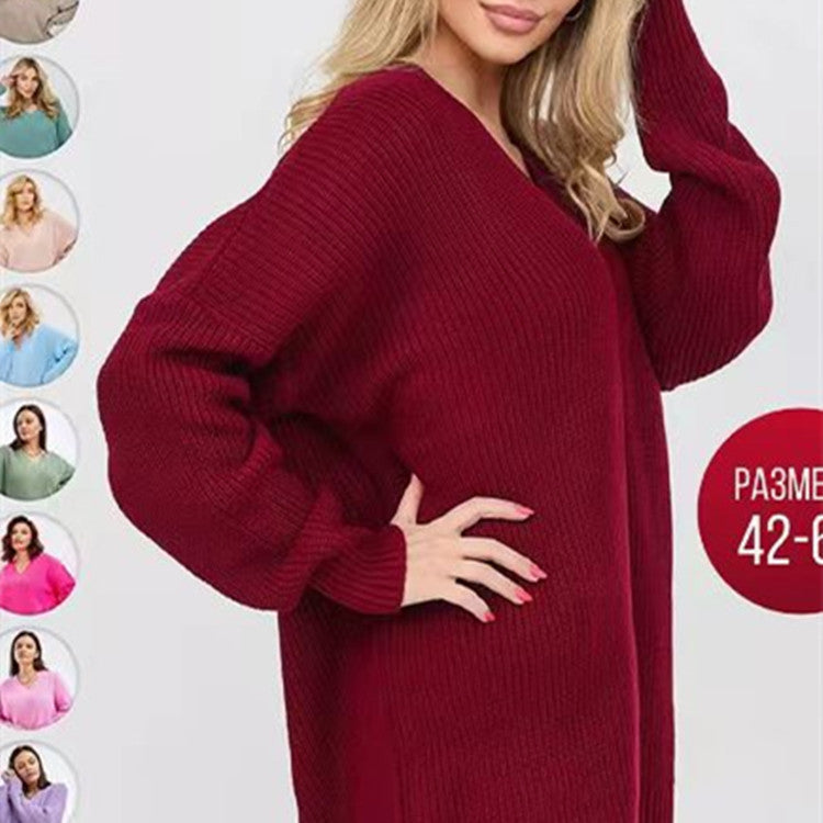 Loose Solid Color V-Neck Pullover Sweater in Russian Style