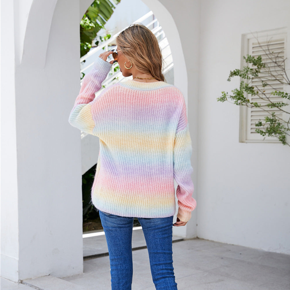 Fashionable V-Neck Pullover Sweater with Unique Knitting Design