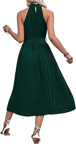 Women's Sleeveless Halter Neck Pleated Midi Dress with Bel - PureSelect