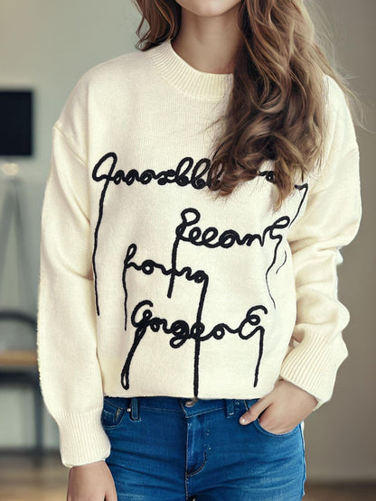 Letter Contrast Round Neck Dropped Shoulder Sweater