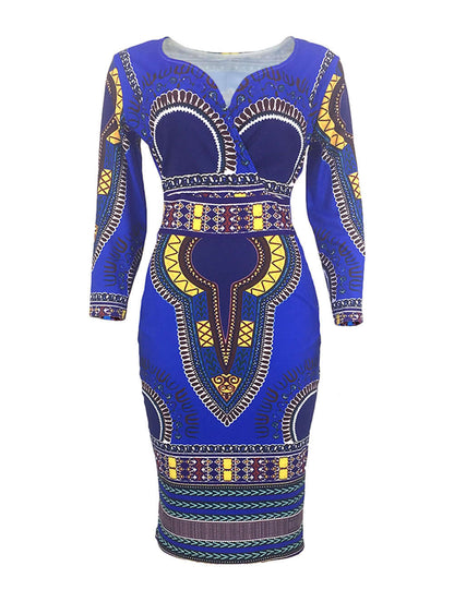 African-Style V-Neck Dress with Three-Quarter Sleeves