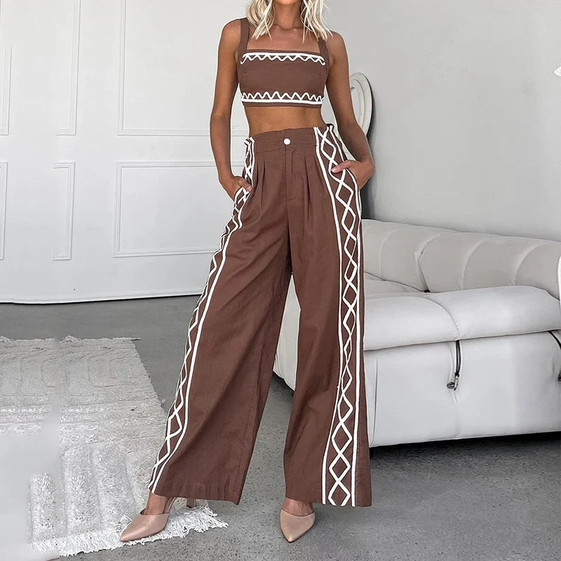 Women's Crop-top Spaghetti-strap Trousers Two-piece Suit - PureSelect