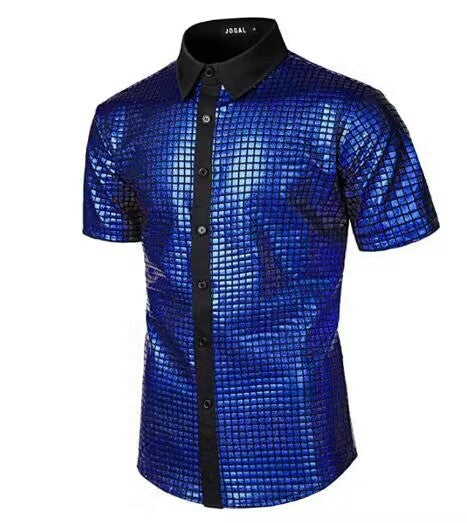 70s Disco Party Sequined Button-Down Cosplay Shirt for Men