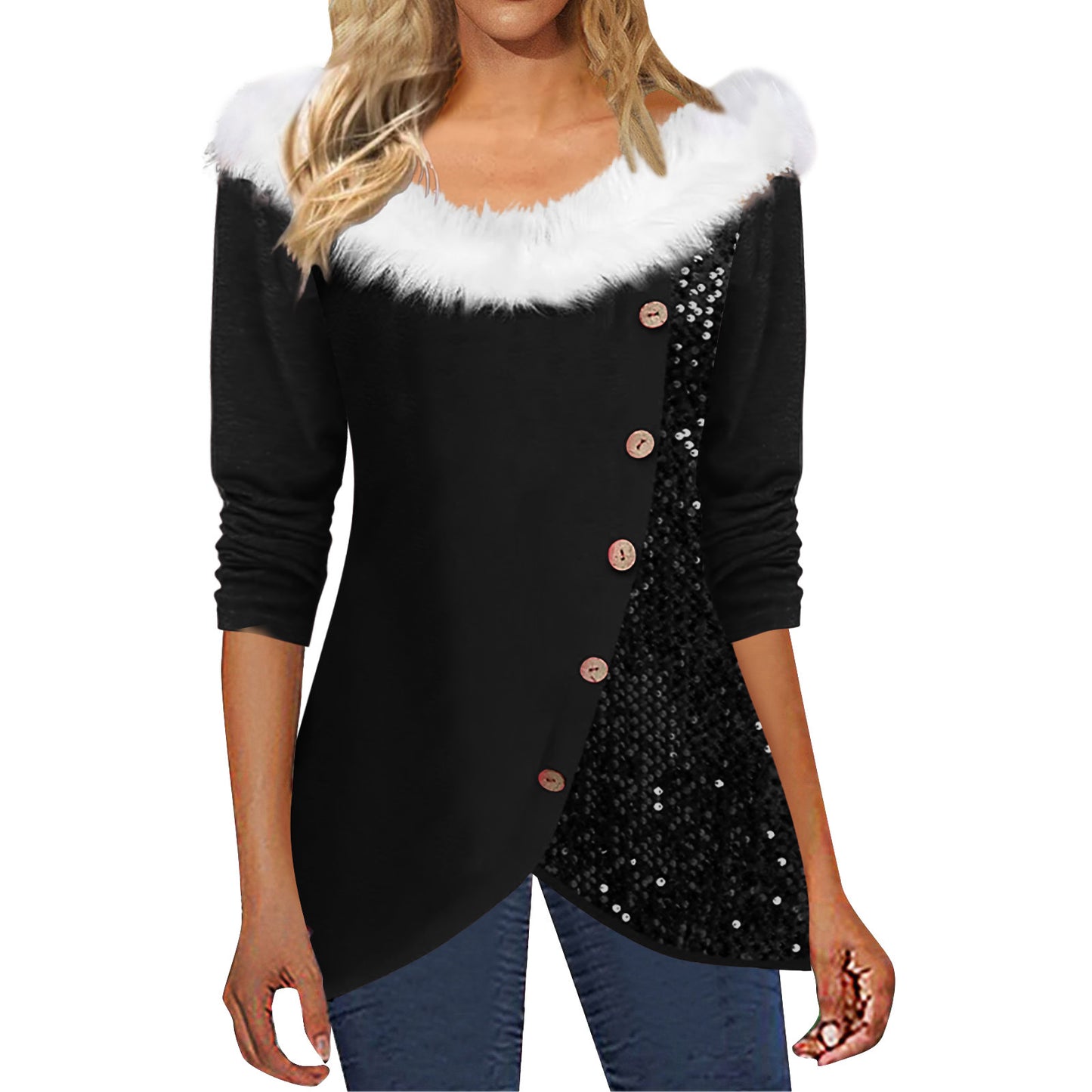 New Scoop Off-shoulder Fur Collar Sequined Long Sleeve Top