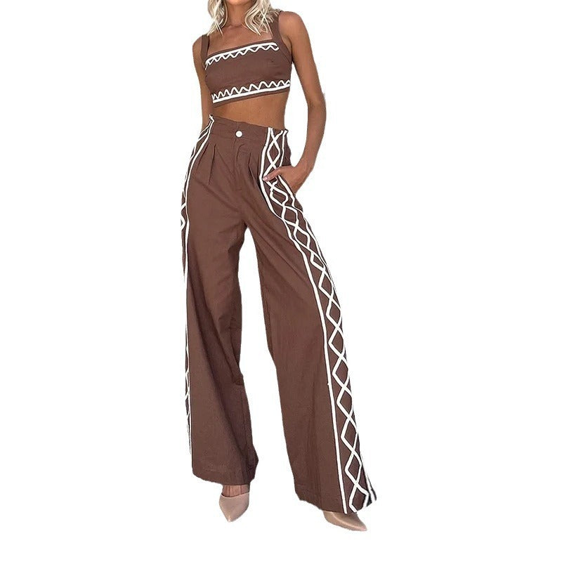 Women's Crop-top Spaghetti-strap Trousers Two-piece Suit - PureSelect