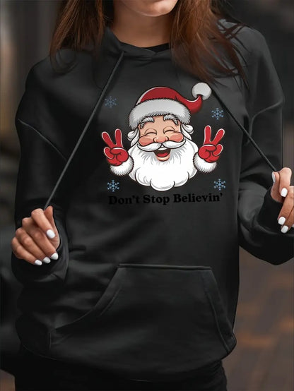 Vintage Style Christmas Santa Claus Print Hoodie For Women, Casual  Long Sleeve Pullover With Kangaroo Pocket, Regular Fit Hooded Sweatshirt For Fall Winter