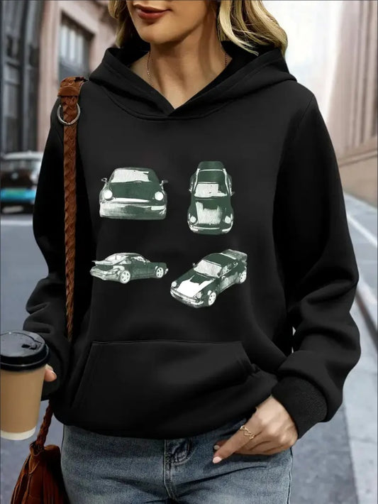 Car Print Hoodie, Casual Long Sleeve Kangaroo Pocket Hooded Sweatshirt, Women's Clothing