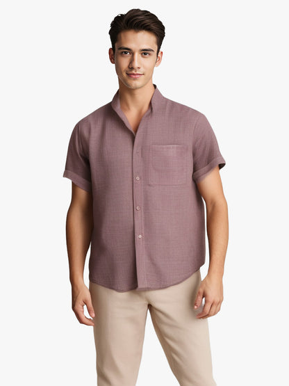 Solid-color Short-sleeved Lapel Shirt Summer Breathable Cotton And Linen Top Mens Clothing