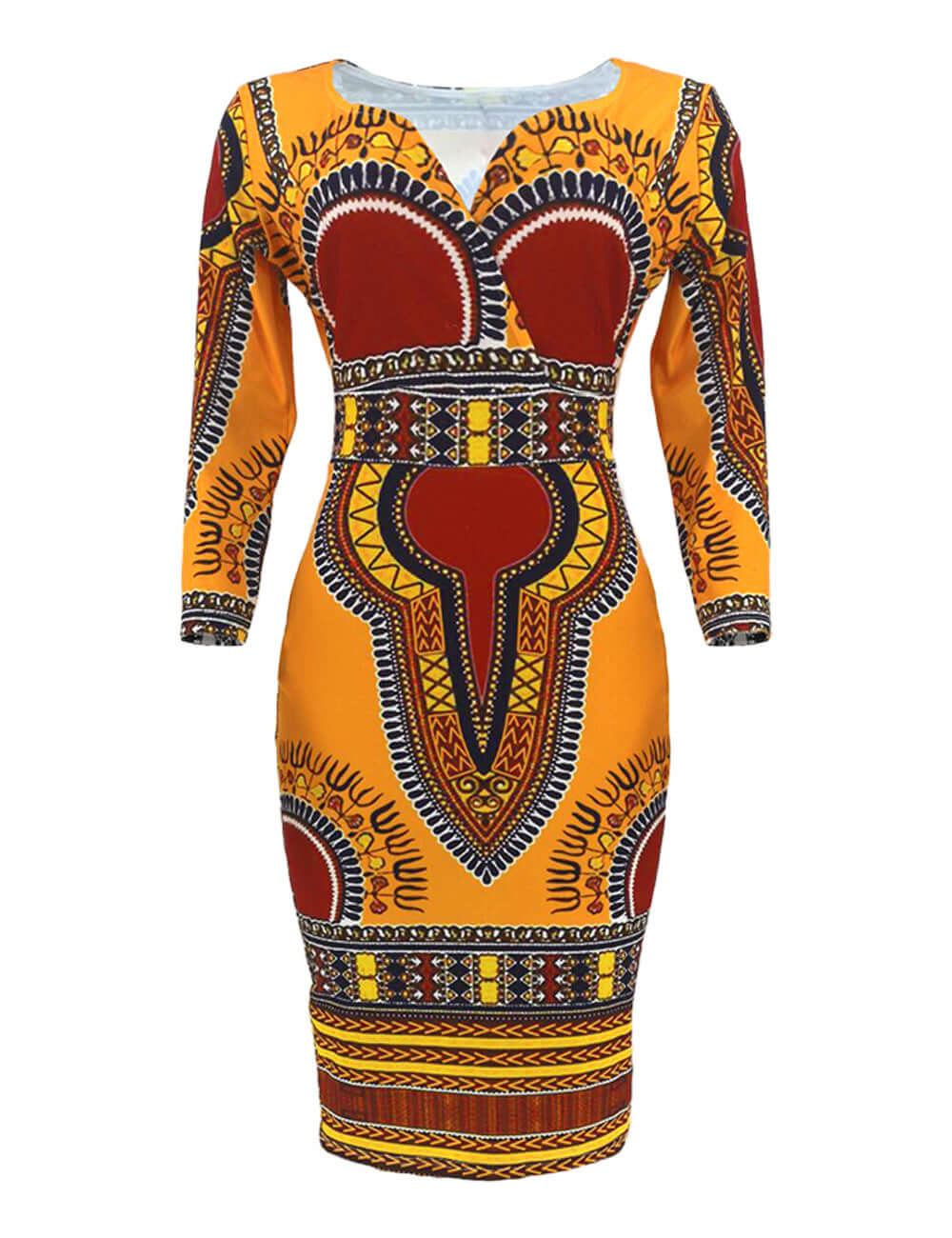 African-Style V-Neck Dress with Three-Quarter Sleeves