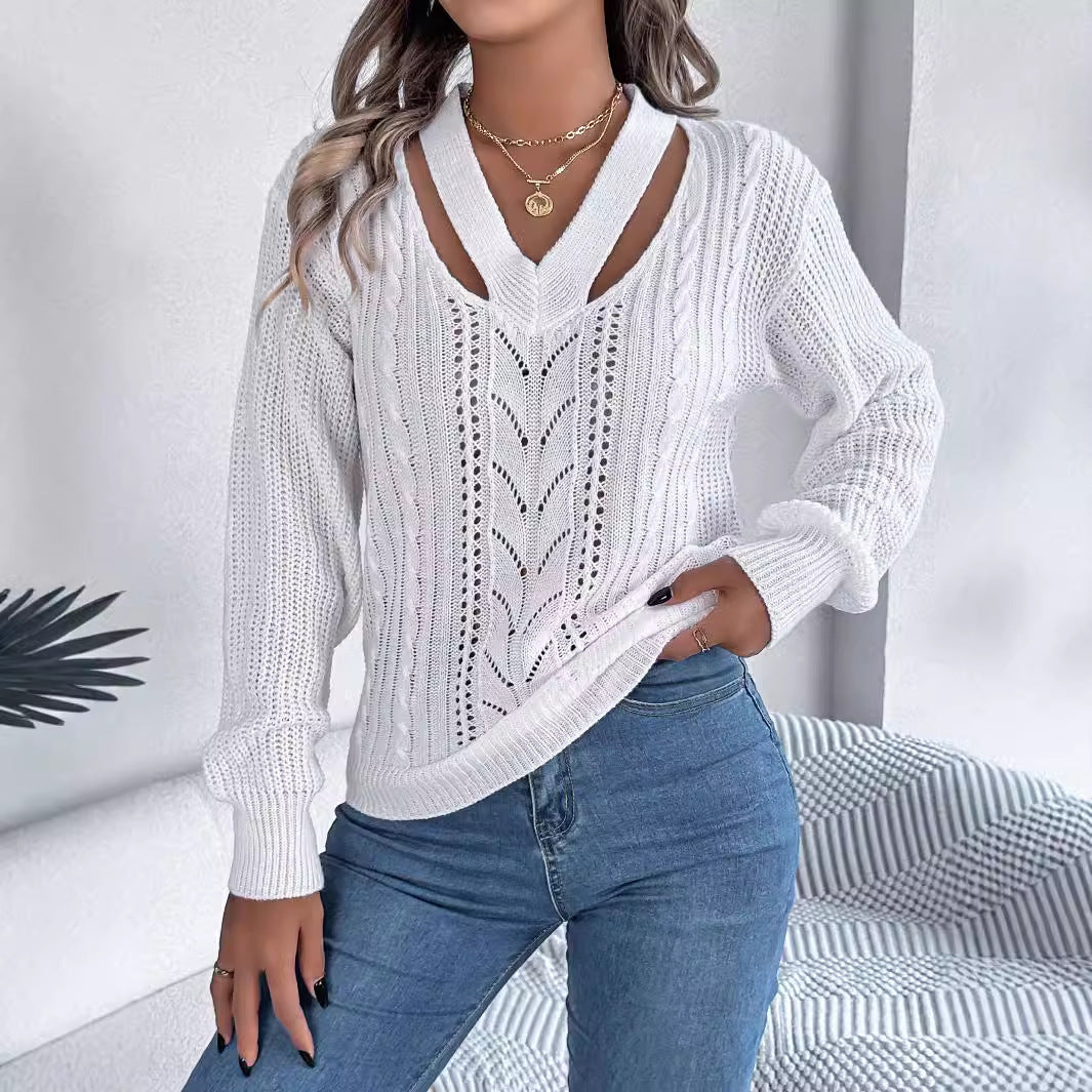 Hollow Out V-Neck Pullover Sweater with Twist Lantern Sleeves