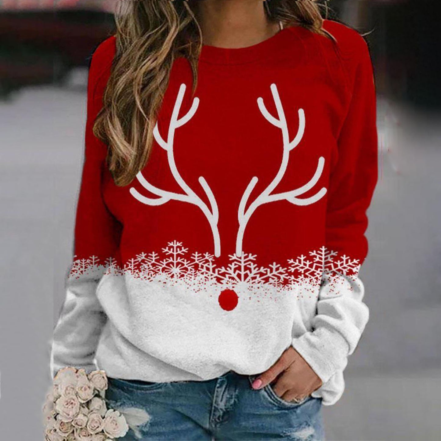 Snowflake and Deer Printed Round Neck Christmas Pullover Sweater