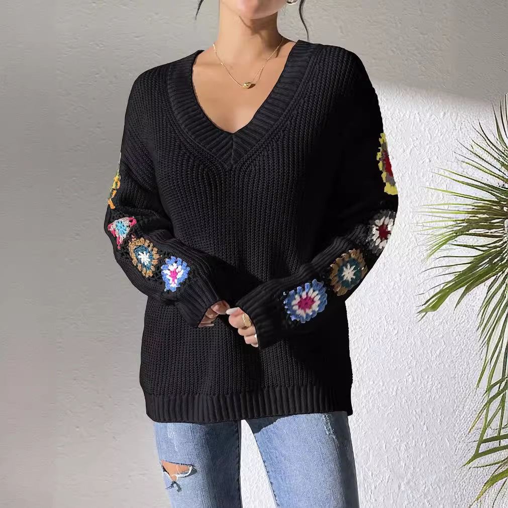 V-Neck Pullover Sweater with Crochet Stitching for Autumn and Winter