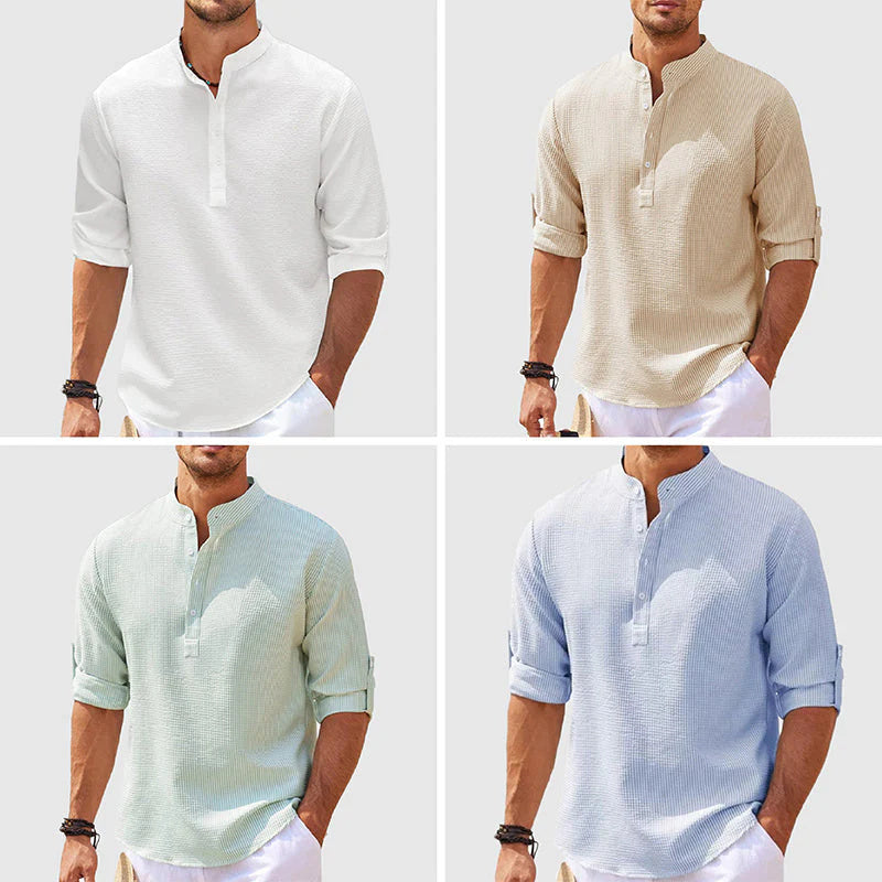 Men's Casual Long Sleeve Stand Collar Shirt – Solid Color Fashion for a Sleek, Modern Look