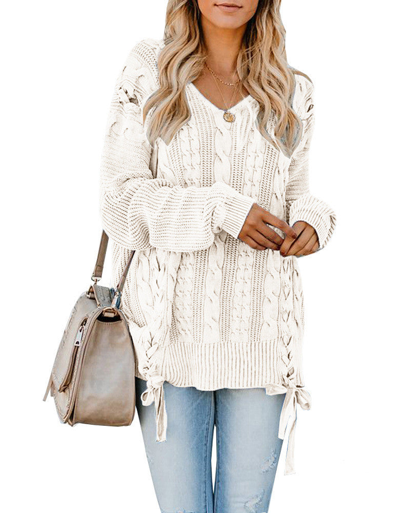 New V-Neck Long Sleeve Loose Pullover with Knitted Lace and Twisted Rope Tie for Women