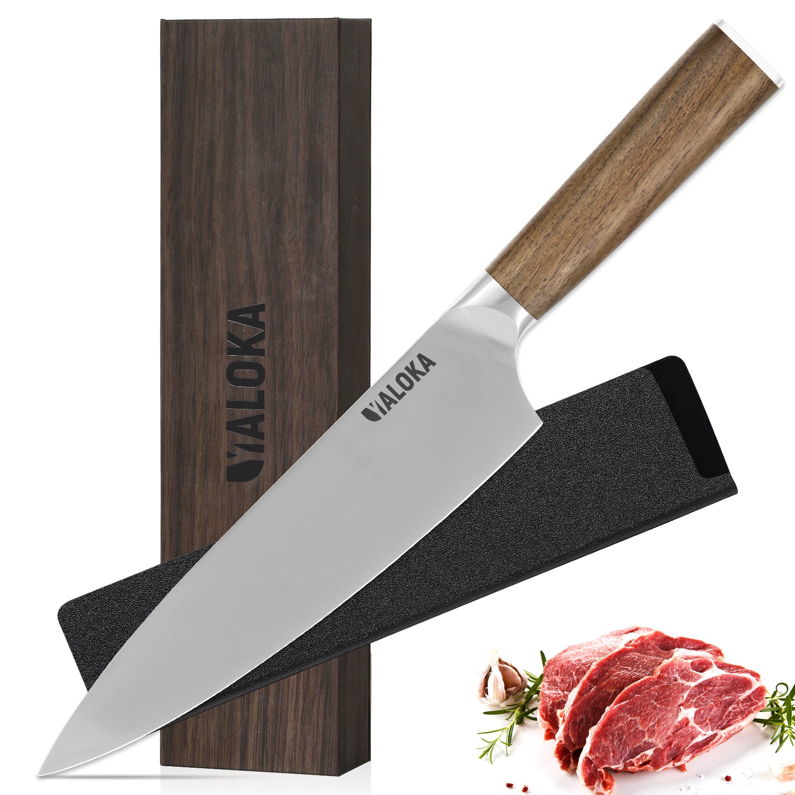 8-Inch Professional Japanese Chef Knife - Ultra Sharp Gyuto with Natural Wood Handle - PureSelect