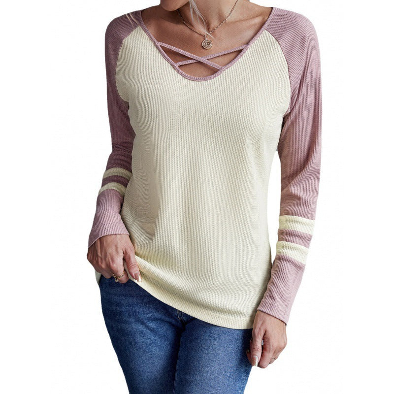 Contrasting Color V-Neck Long Sleeve Pullover T-Shirt